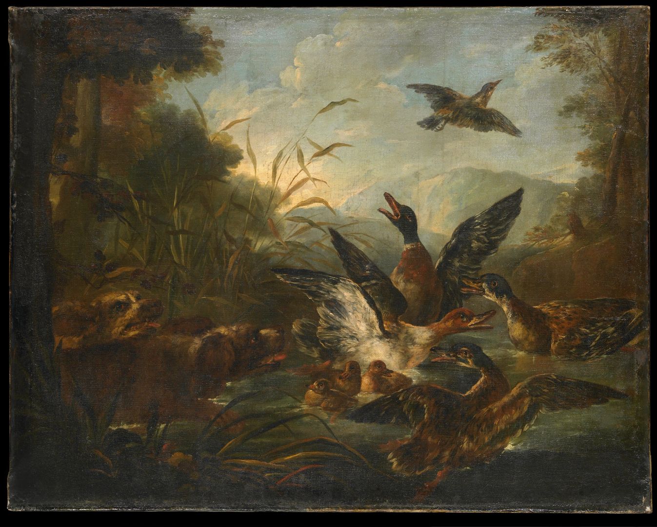 Canards Colverts Effrayés Par Deux Chiens Romagnols Crivelli Angelo Maria Vers 1650 Peinture à l’huile © Besançon, musée des beaux-arts et d’archéologie – Photographie P. Guenat